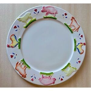Stefani Italy Large Ceramic Plate Charger Farm Animals White Hand Painted Dish